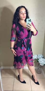 Women's V-Neck Faux Wrap Floral Midi Dress with Ruffle Hem